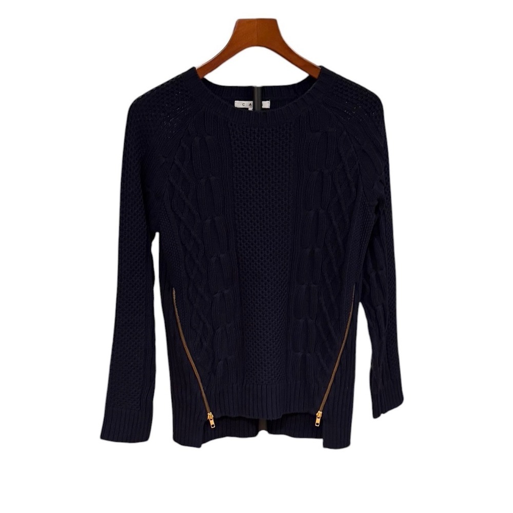 Cabi Navy Blue Cable Knit Sweater Gold Side‎ Zip Pullover Womens quiet luxury S